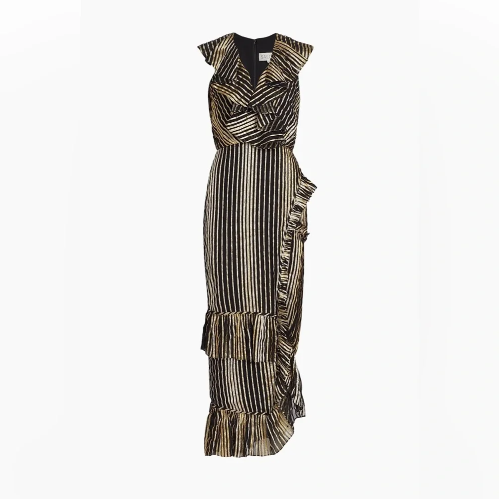 Saloni Anita silk blend Black Gold Ruffled Sleeveless Dress - Picture 4 of 16